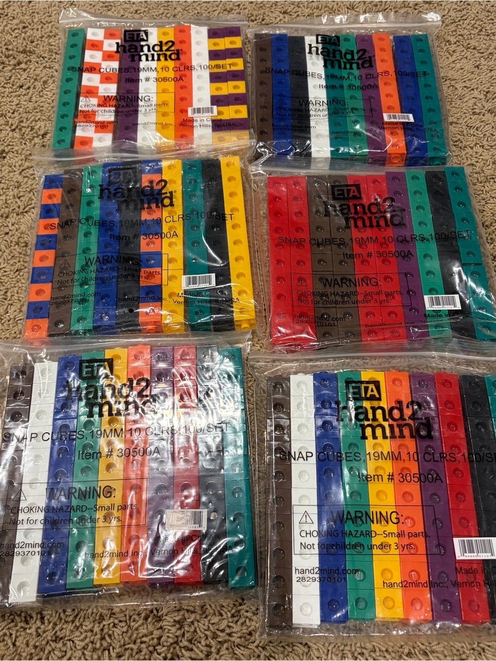 6-New Hand2Mind Set of 100 Linking Snap Cubes 10 Colors Manipulative Math Cubes